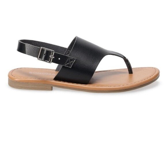 Black Slingback Thong Sandal Women Size 10 Flat Summer Shoe Faux Leather Comfort - Picture 1 of 4